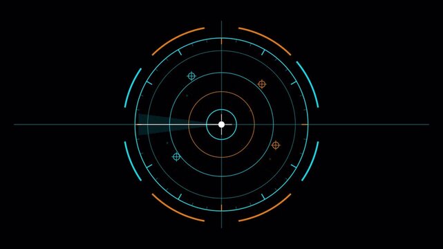 Futuristic radar scanning interface with spinning HUD target circles and data detection nodes for military or science technology displays 4K animation alpha chanel