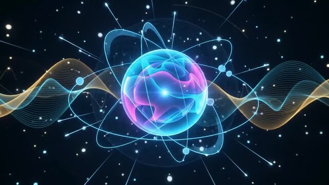 Vibrant Abstract Physics Conceptual Visual Featuring Atomic Structure And Glowing Wave Energy Patterns