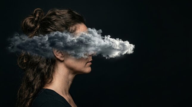 Profile of a woman with her face obscured by a cloud, against a black background.