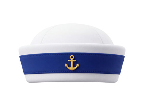 White sailor hat with gold anchor emblem on grey background