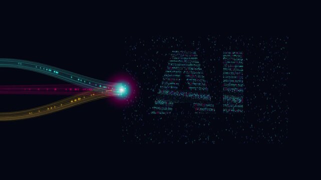 Abstract digital representation of artificial intelligence with binary data streams flowing into a glowing data processing hub