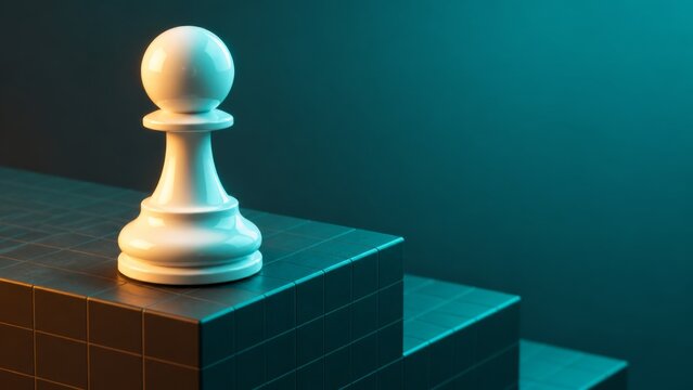 A white chess pawn is strategically placed on the board, symbolizing the business goal. Banner format.