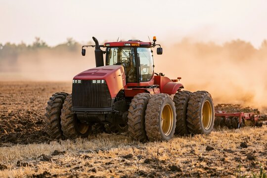 The Red Tractor in Dusty Field Plowing at Sunset Creating Thick Dust Clouds