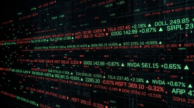 Global financial stock market ticker screen displaying data trends for trading investment.