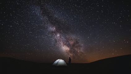 Fototapeta premium Lone camper standing by a glowing tent under a bright starry night sky and milky way