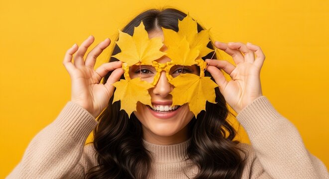 Cheerful woman holding autumn leaves over her eyes like a playful emoji mask. Celebrating the spirit of Emoji Day.