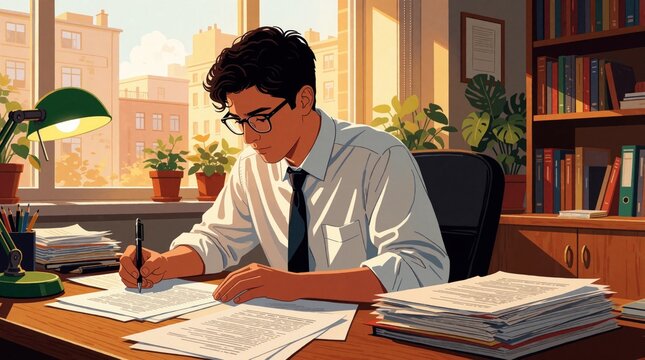 Young man with glasses writes in notebook at desk filled with papers. Bookshelf and plants visible in sunlit office room. He concentrates on task at hand.