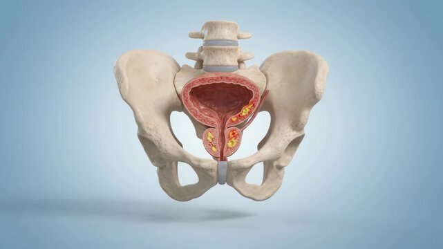 3D illustration of a human pelvis with a cross-section of the bladder showing bladder stones, a medical concept.