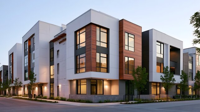 Modern multi story residential buildings with white and wood paneling  large   and landscaped frontage under soft evening light