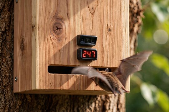 A small brown bat flying into a wooden bat box mounted on a tree trunk, equipped with a digital electronic counter displaying red numbers for wildlife monitoring and conservation