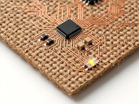 Close up of flexible electronic circuitry and microchip integrated directly onto coarse woven fabric substrate illustrating smart textiles and wearable technology concepts