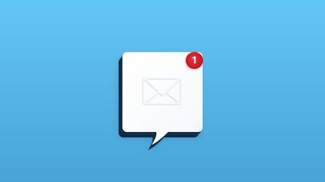 3d render of a white speech bubble icon with an envelope symbol and a red notification badge on a blue background