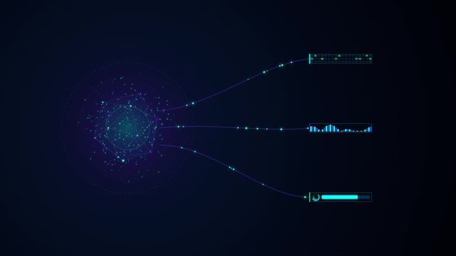 Abstract digital network connection with data visualization elements, hud interface, and futuristic technology concept on dark background