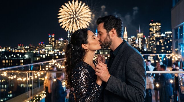 Couple kissing on a rooftop during fireworks with a city skyline  