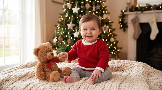 Happy baby girl sitting with teddy bear by Christmas tree