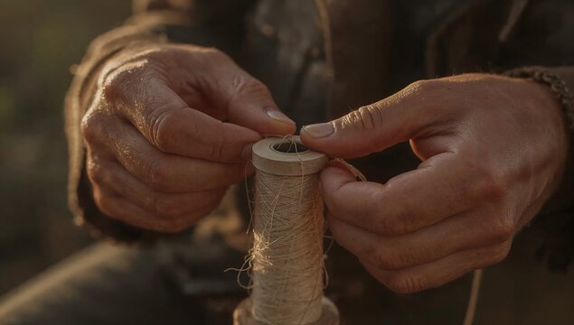 Close up of hands working with natural jute twine spool outdoor rustic setting