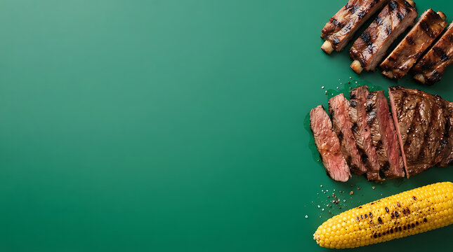 Sliced grilled steak, rack of ribs, and a single ear of roasted corn on the cob arranged on the right side of a solid dark green background, with scattered coarse salt, angle food