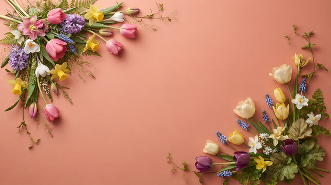 Spring flower arrangement frame featuring colorful tulips, daffodils, hyacinths, and green ferns placed on the corners of a solid coral pink background, with ample central, space for custom text