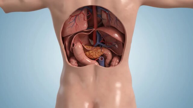 Detailed anatomical illustration of the human torso revealing internal organs and digestive system.