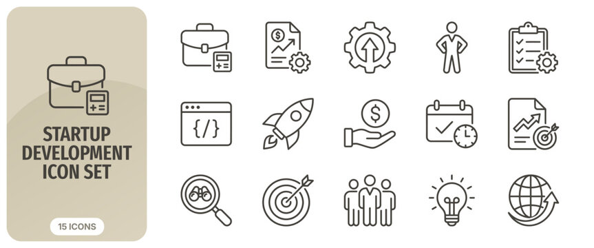 Startup development icon set, business management, financial growth, project planning, team building, and innovation thin line vector symbols