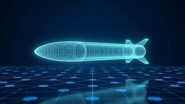 Digital missile hologram wireframe model floating over a glowing blue data grid background.