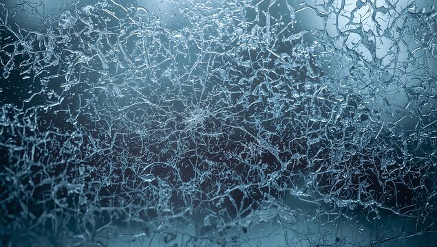 Detailed close up of intricate ice patterns and frost textures on a frozen glass window