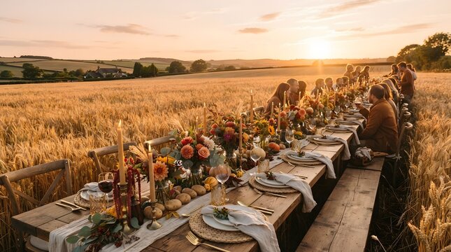 Long outdoor dining table set for a festive harvest feast in a wheat field at sunset