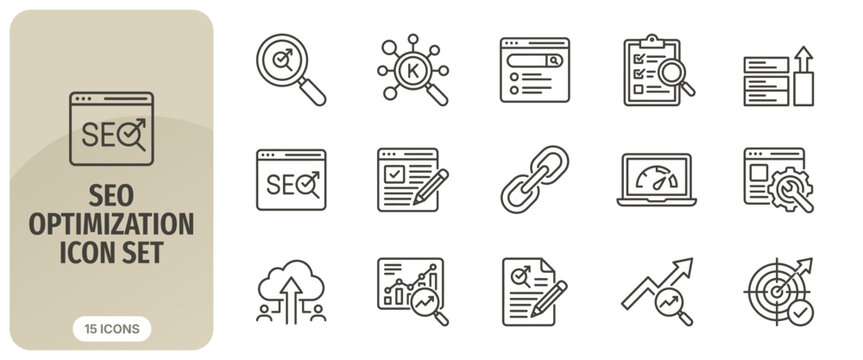 Seo optimization icon set, vector line icons for search engine marketing, website analysis, content strategy, and digital growth analytics, professional web design elements