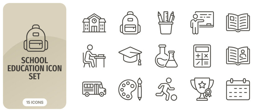 School education icon set, thin line vector symbols for learning, academic subjects, and student activities
