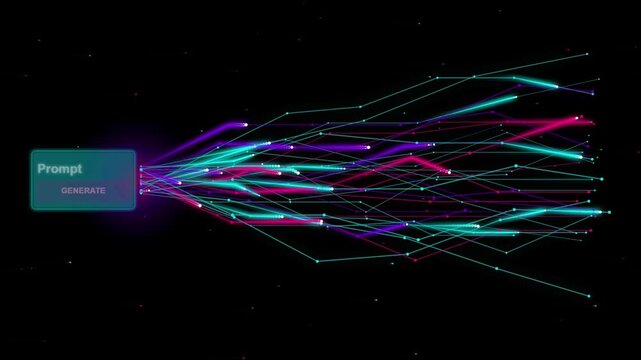 Abstract digital network visualization with glowing lines and nodes emerging from a prompt generation interface on black background