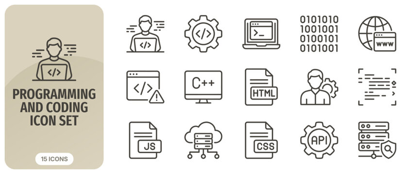 Programming and coding icon set, software development, web design, computer science, developer tools, thin line icons vector illustration