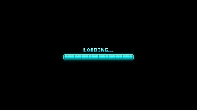 Pixel art style loading bar with glowing cyan segments on a black background