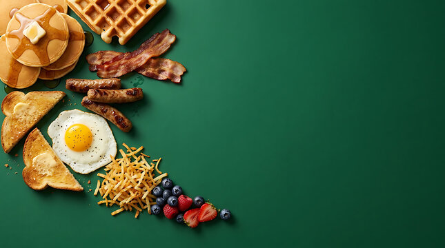 Traditional american breakfast platter with pancakes, waffles, bacon, sausages, fried egg, toast, shoestring potatoes, blueberries, and strawberries on a dark green background