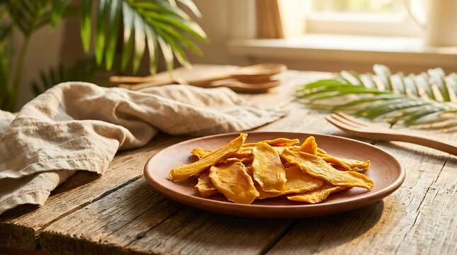 Fresh sliced green beans with carrots served on a rustic wooden plate in a sunny home kitchen setting. dried mango flakes