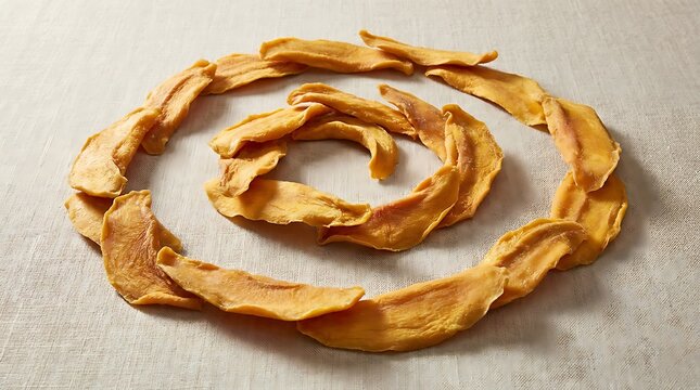 Yellow cosmetic cream or makeup concealer texture swatches arranged in a circular spiral shape pattern. dried mango flakes