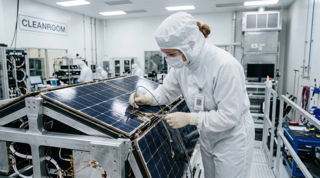 Technician in cleanroom working on satellite solar panel assembly