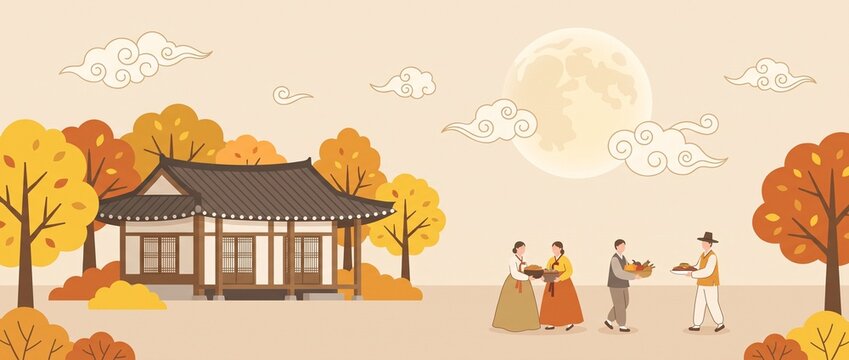 추석 명절 배너 일러스트. 가을 보름달 아래 한옥에서 전통 한복을 입고 명절 음식을 들고 있는 사람들. 카피스페이스가 있는 플랫 벡터 풍경 배경