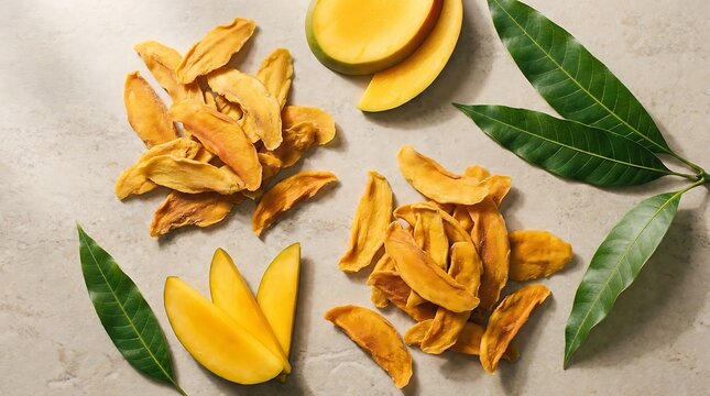 Top view of dried mango slices and fresh mango pieces arranged on a light stone table with green leaves. dried mango flakes