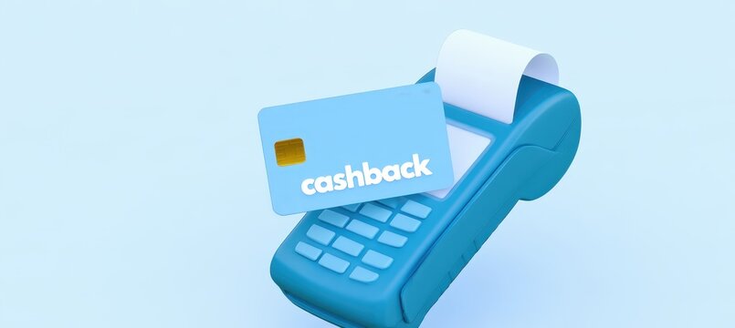 Blue POS payment terminal with a cashback credit card for digital financial transactions.