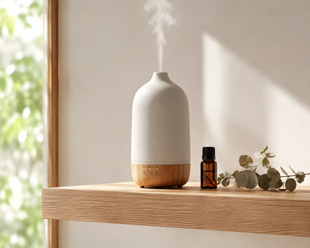 Minimalist ceramic essential oil diffuser on wooden shelf. Modern aromatherapy humidifier with steam. Zen wellness home decor with eucalyptus.