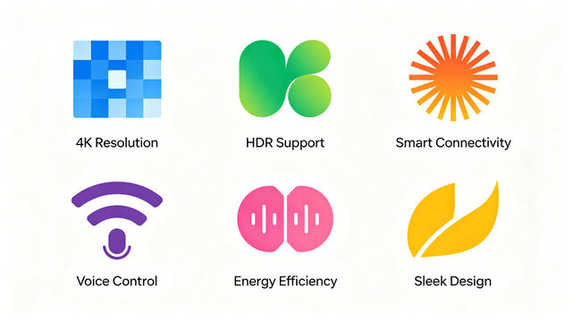 TV product selling point vector icon, high-definition picture quality, intelligent interconnection, voice control, suitable for TV main image and e-commerce selling point module design.
