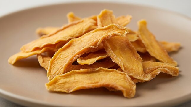 A pile of delicious dried mango slices served on a simple plate for a healthy and tasty snack food. dried mango flakes