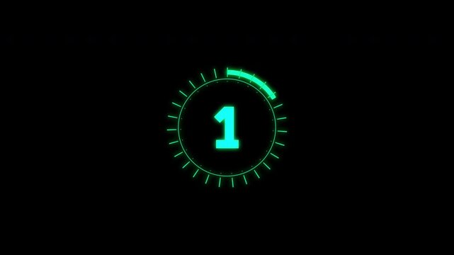 Digital circle countdown hud timer 5 seconds animation from 5 to 0 seconds on black background. 4k video