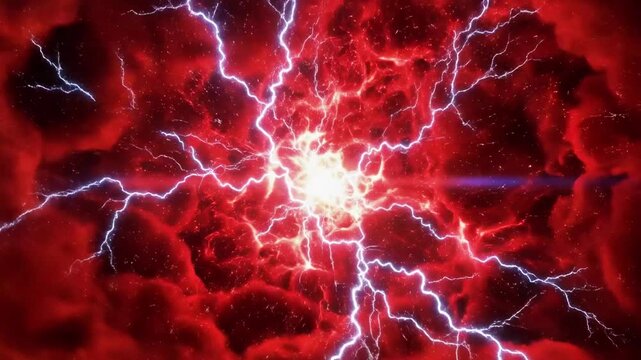 Stormy dark clouds with red lightning and glowing center.