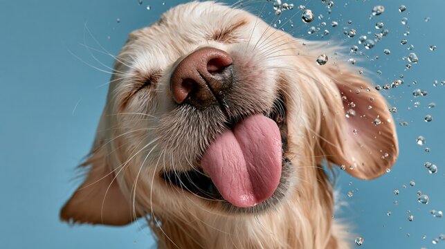 Golden retriever dog with closed eyes and tongue out, enjoying water droplets splashing against a light blue background in a playful and cheerful moment