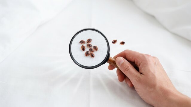 Human hand holding magnifying glass to inspect small bed bugs crawling on white fabric surface during a professional home examination