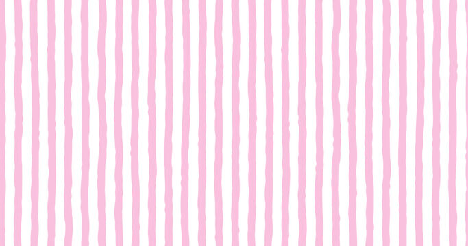 Seamless pattern with vertical pink stripes for cabana wallpaper. Cute abstract girly background with pastel pink rough lines. Retro striped seamless pattern, vector illustration