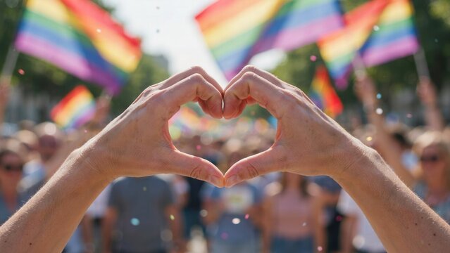 Hands forming heart shape against blurred rainbow flags at vibrant pride parade celebrating love equality and community diversity with confetti
