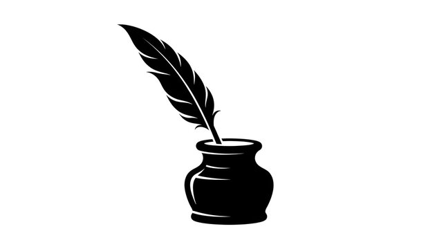 Silhouette of a classic feather quill pen resting in a traditional inkwell. Vintage writing instrument concept vector illustration.