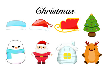 Fototapeta premium Cute Christmas Vector Set with Snowman, Santa Claus, Reindeer, Sleigh, Tree, and House Isolated on White Background